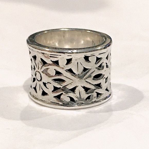 Sterling Silver Floral Filigree Thick Cigar Band Ring Sz 5.5 - Picture 7 of 13